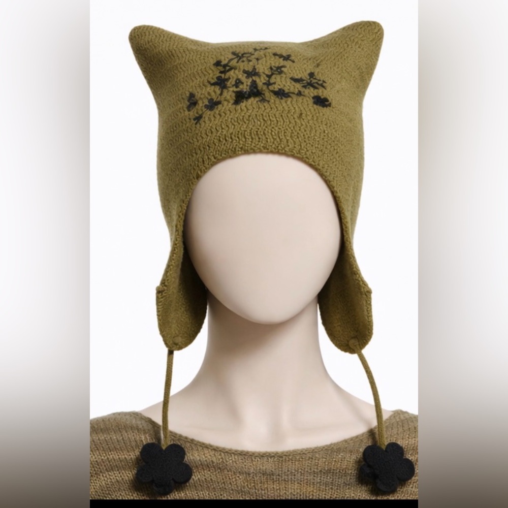 Butterfly Olive Green Knit Hat with Subtle Ear Design and Tassels